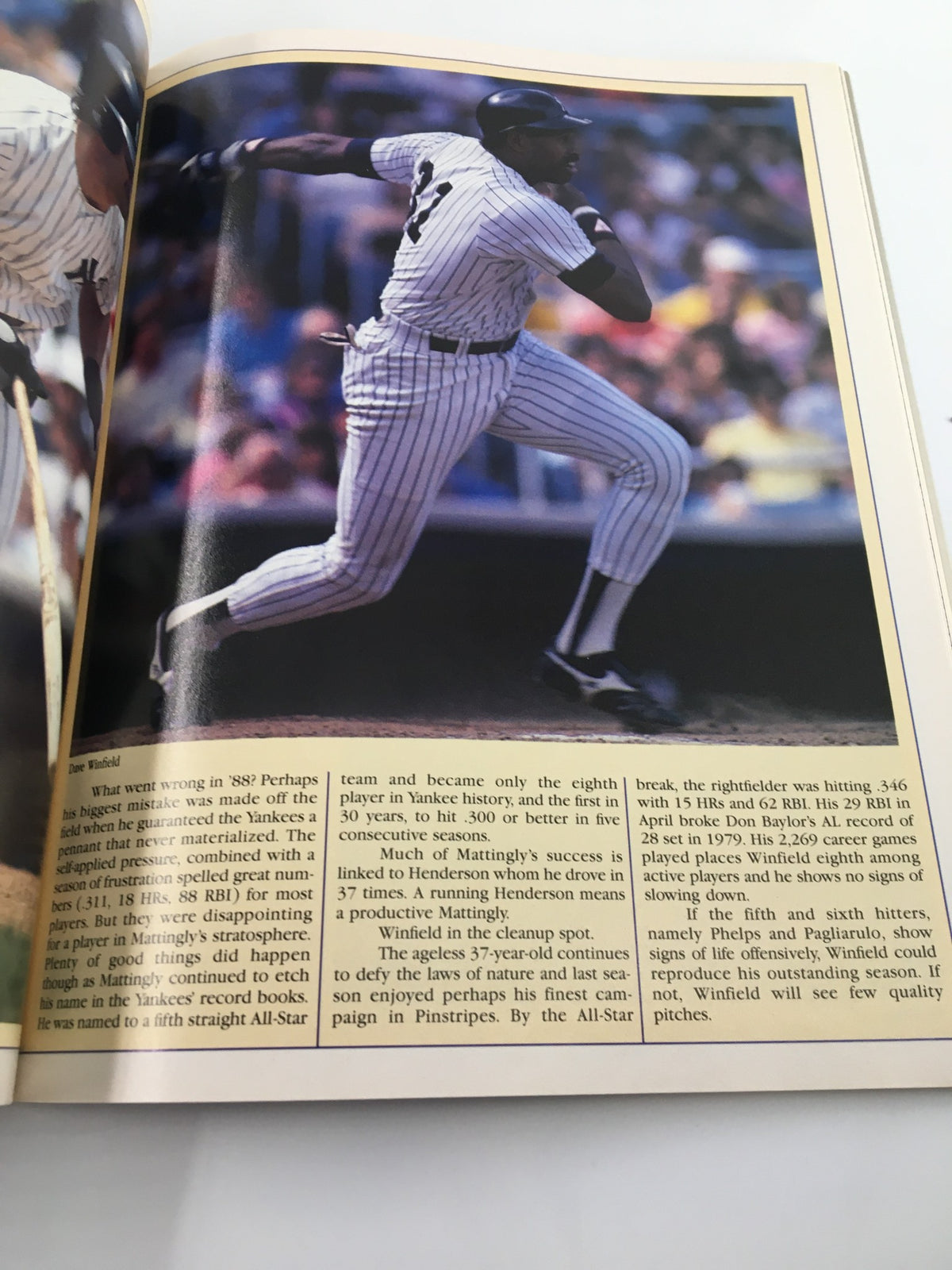 Action shot of Dave Winfield from the 1989 Official Yearbook New York Yankees, showcasing his batting stance during a game.