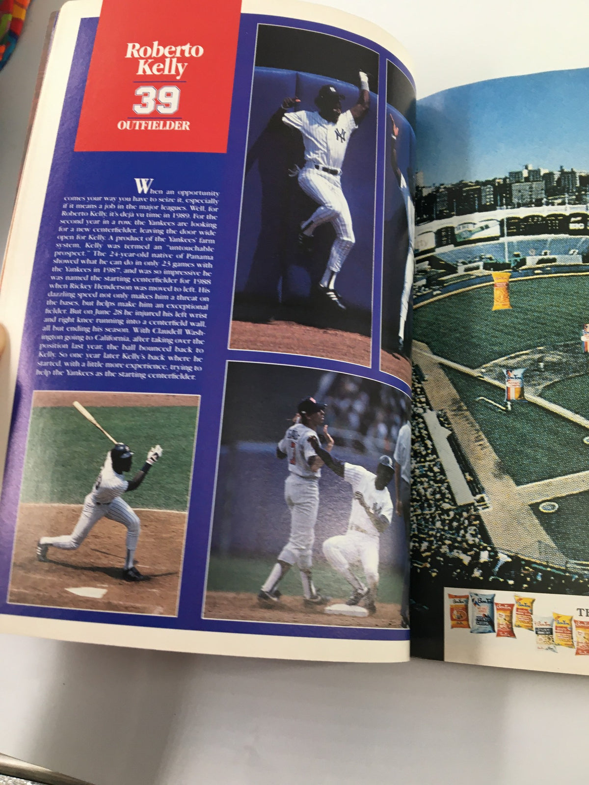 Roberto Kelly, player number 39, celebrating a play and featured in the 1989 Official Yearbook New York Yankees.