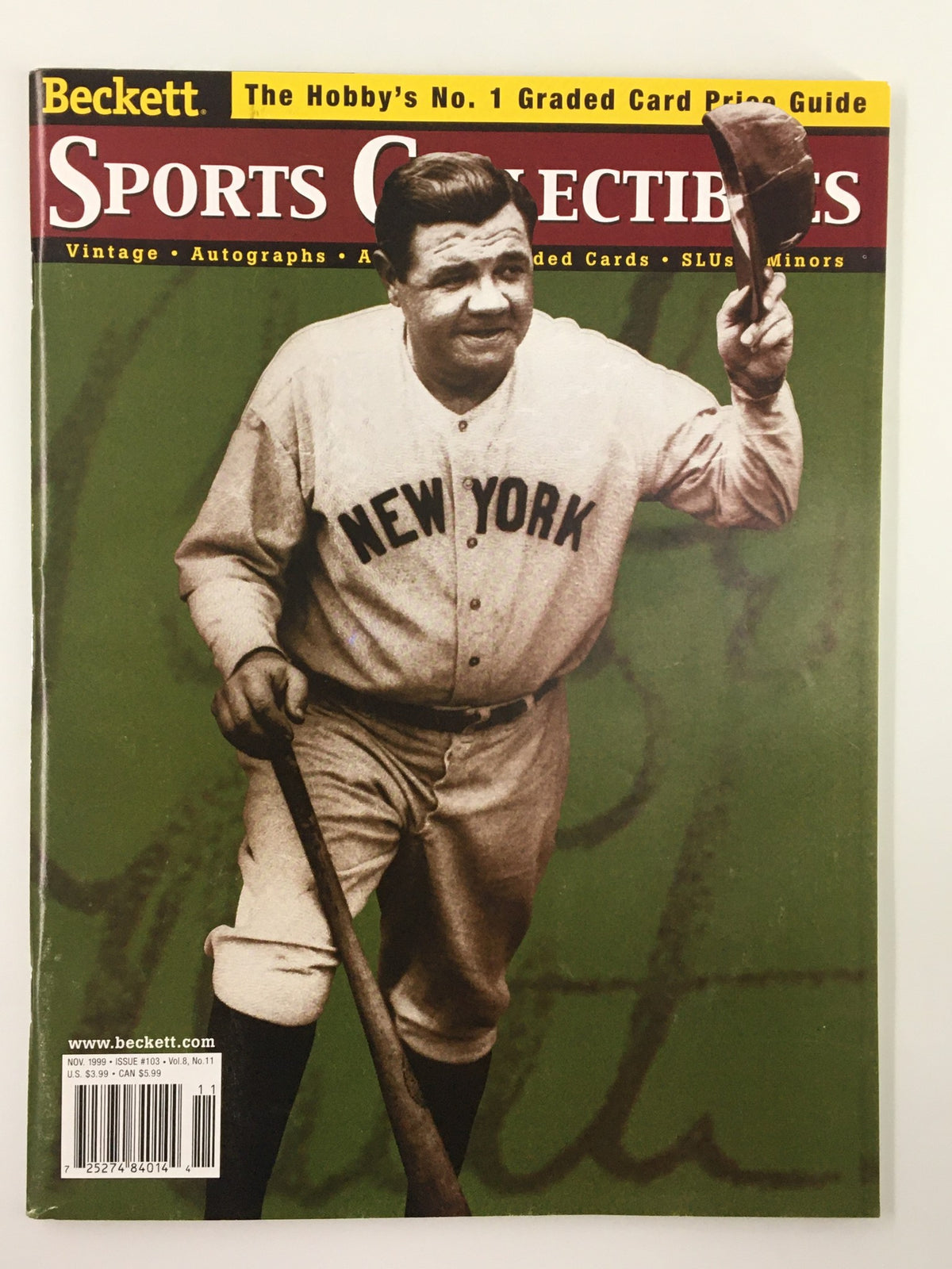 Cover of Beckett Sports Collectibles November 1999 issue #103 featuring Babe Ruth, showcasing vintage baseball memorabilia and history.