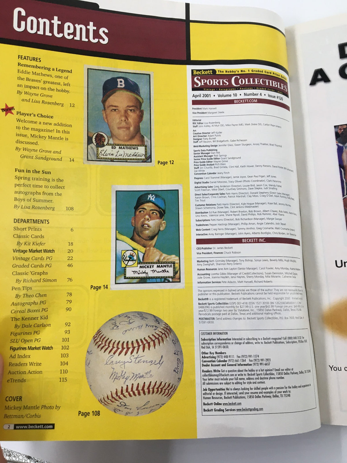 Contents page from Beckett Sports Collectibles April 2001 #120 Mickey Mantle, Ed Mathews showing featured articles and pricing information.