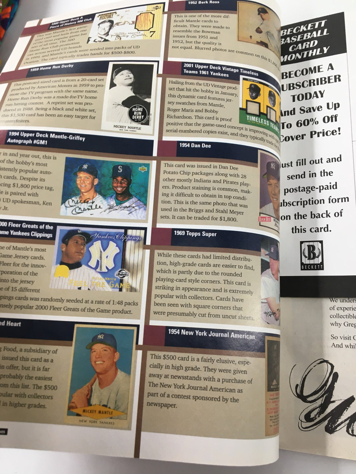 Article page from Beckett Sports Collectibles April 2001 #120 Mickey Mantle, Ed Mathews featuring details on notable vintage cards and their significance.