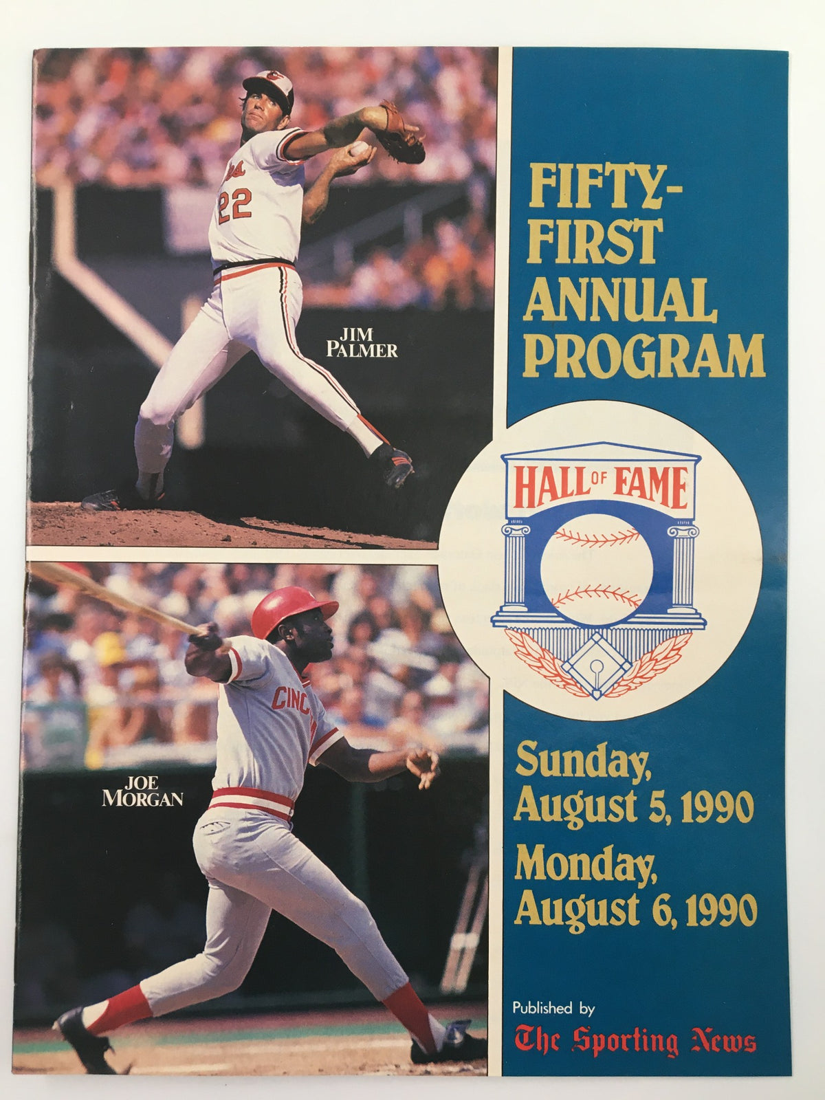 Cover of the 1990 The Sporting News Fifty-First Annual Program featuring Jim Palmer and Joe Morgan, showcasing iconic baseball moments.