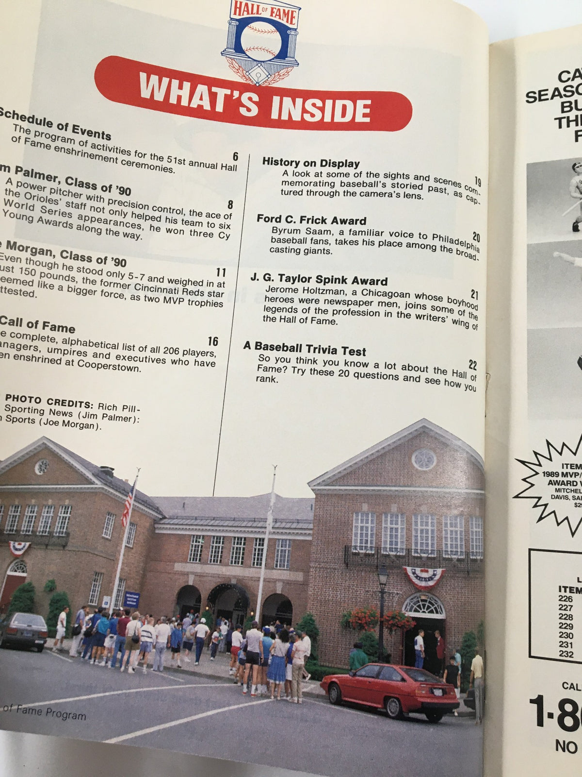 Inside page of the 1990 The Sporting News Fifty-First Annual Program, detailing the schedule of events and Hall of Fame information.