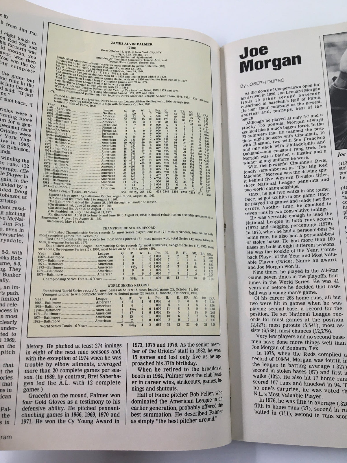 Page from the 1990 The Sporting News Fifty-First Annual Program dedicated to player profiles of Jim Palmer and Joe Morgan, featuring statistical highlights.
