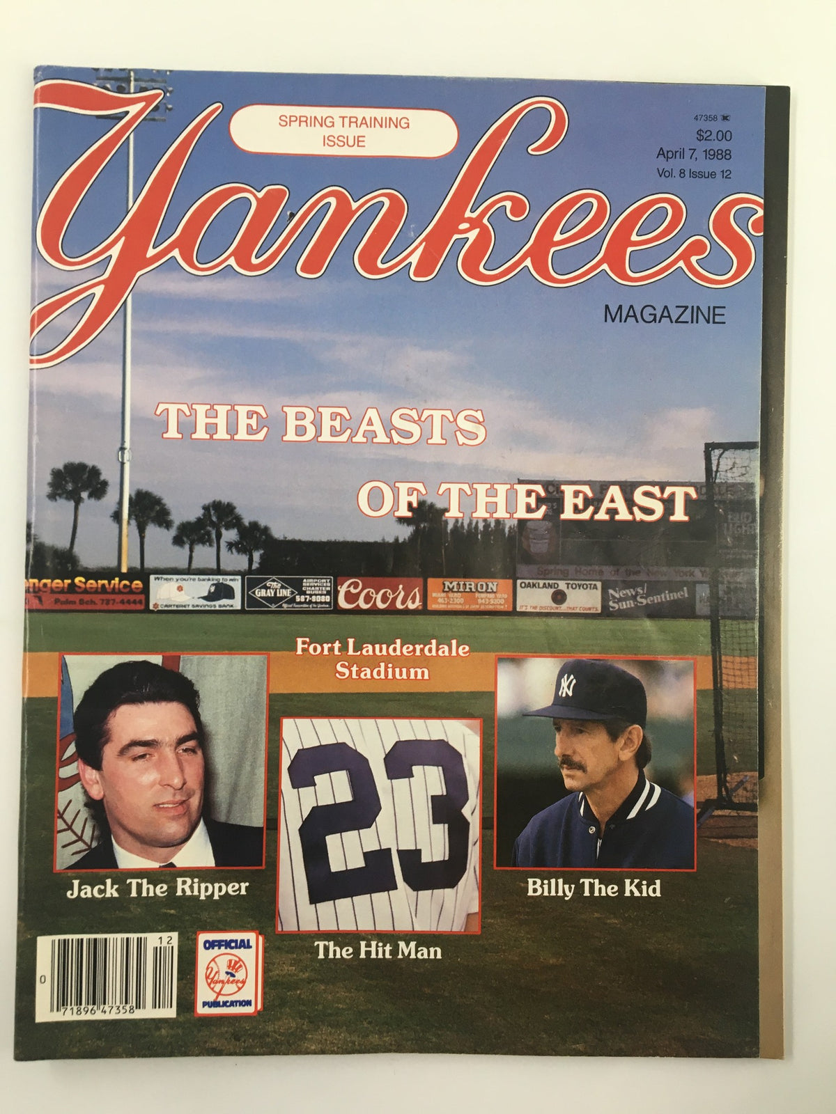 Vintage New York Yankees Magazine dated April 7, 1988, featuring player highlights such as Jack Clark, Will Wagner, and iconic images from Fort Lauderdale Stadium.