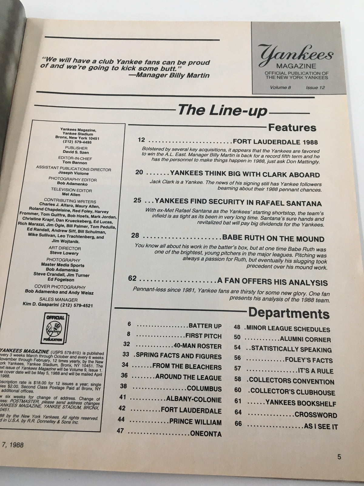 Inside page of VTG Yankees Magazine April 7 1988 featuring the line-up with notable quotes and features related to the New York Yankees.