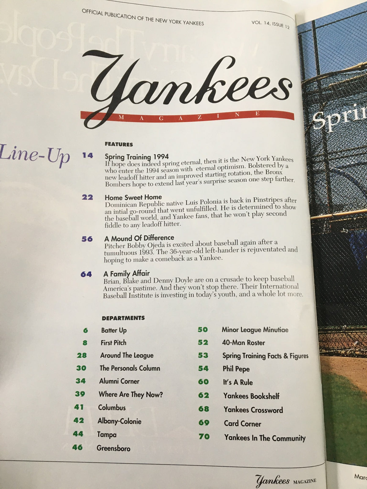 Table of contents page from Yankees Magazine March 29, 1994, highlighting featured articles and departments, part of the official publication of the New York Yankees.