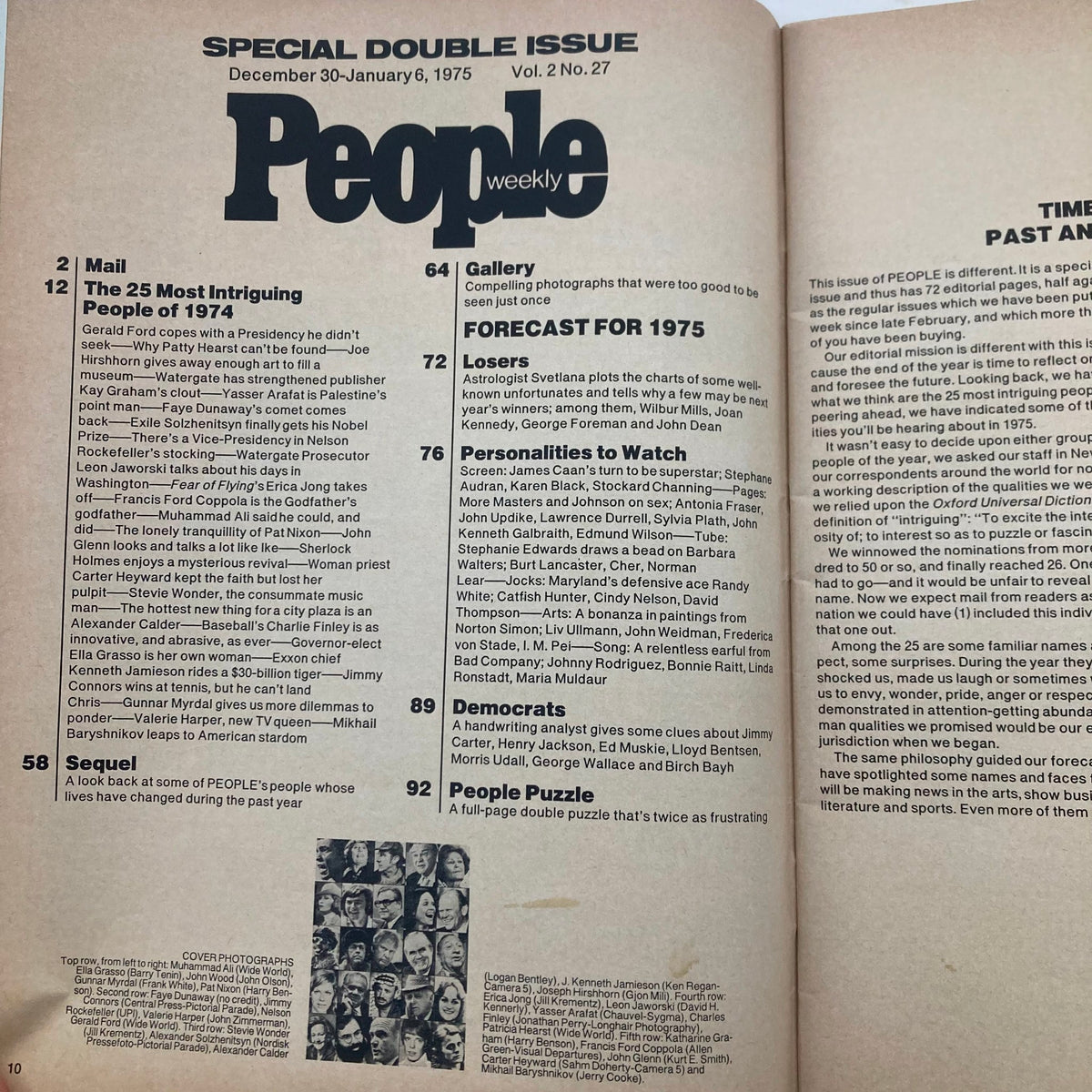 Interior page of the Vintage People Weekly Magazine from December 30, 1974, Vol 2 No. 27, highlighting articles and features on the most intriguing people and events of 1974.