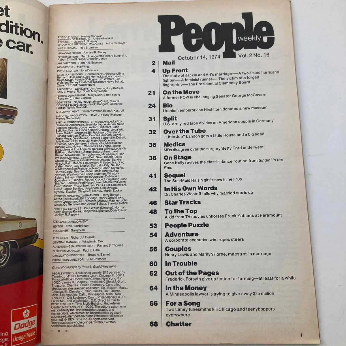 Interior page of the VTG People Weekly Magazine from October 14, 1974, featuring the contents list and article headlines, highlighting Jackie Onassis and various cultural topics, categorized under the title 'People Weekly Magazine October 14 1974'.