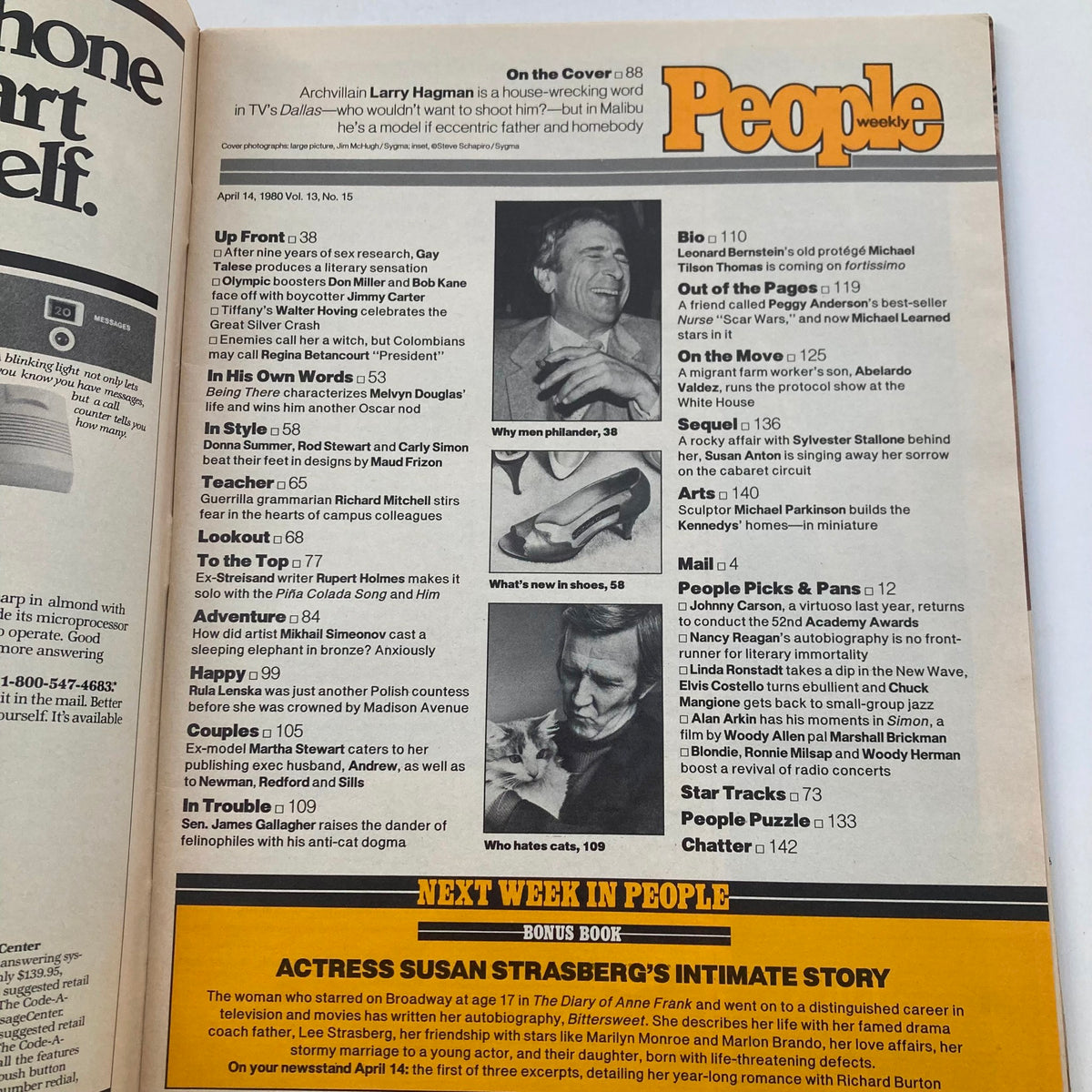 Inside page of People Weekly Magazine, April 14, 1980, Vol 13 No. 15, highlighting articles and features, including a profile on Larry Hagman.