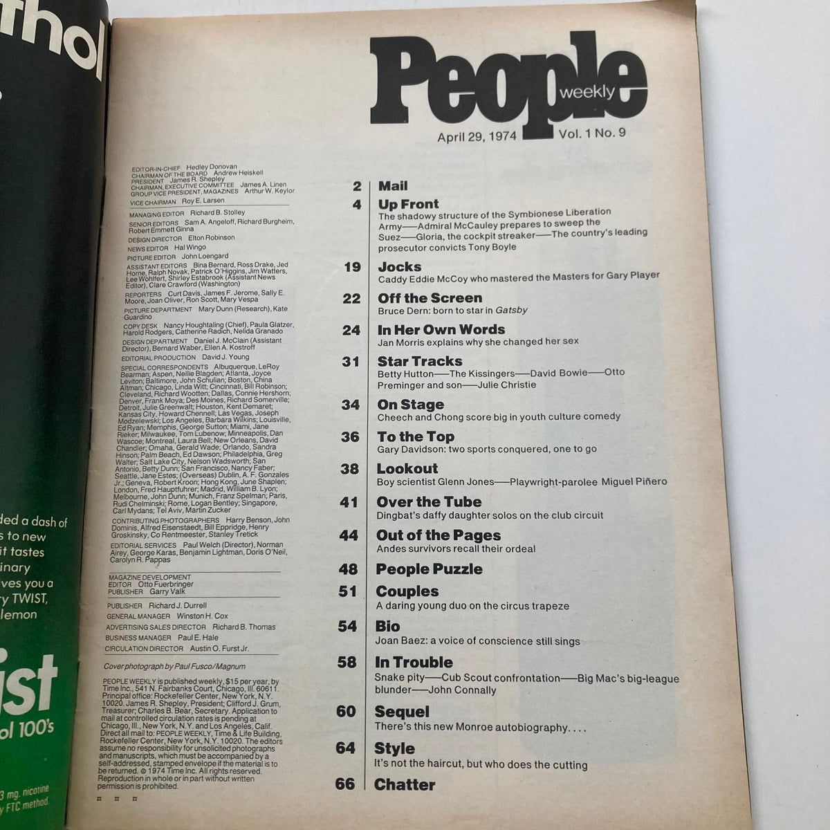 Vintage People Weekly Magazine April 29 1974 Vol 1 No. 9 Joan Baez No Label