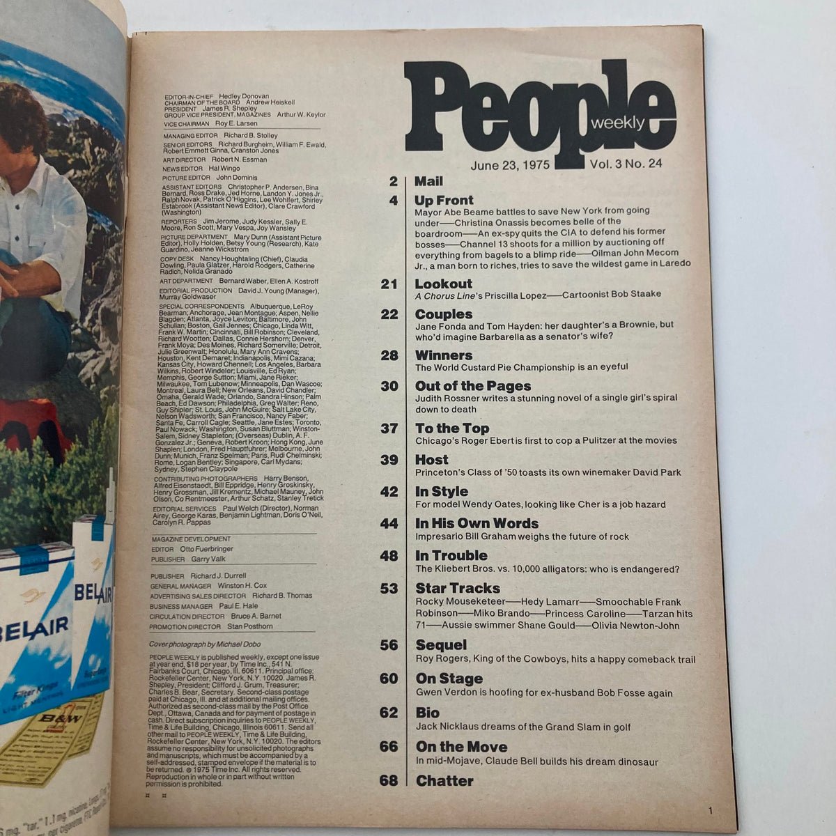 Interior page of the People Weekly Magazine, June 23, 1975. Contains contents listing and articles about various topics including Jane Fonda and Tom Hayden, showcasing the magazine's rich historical context.