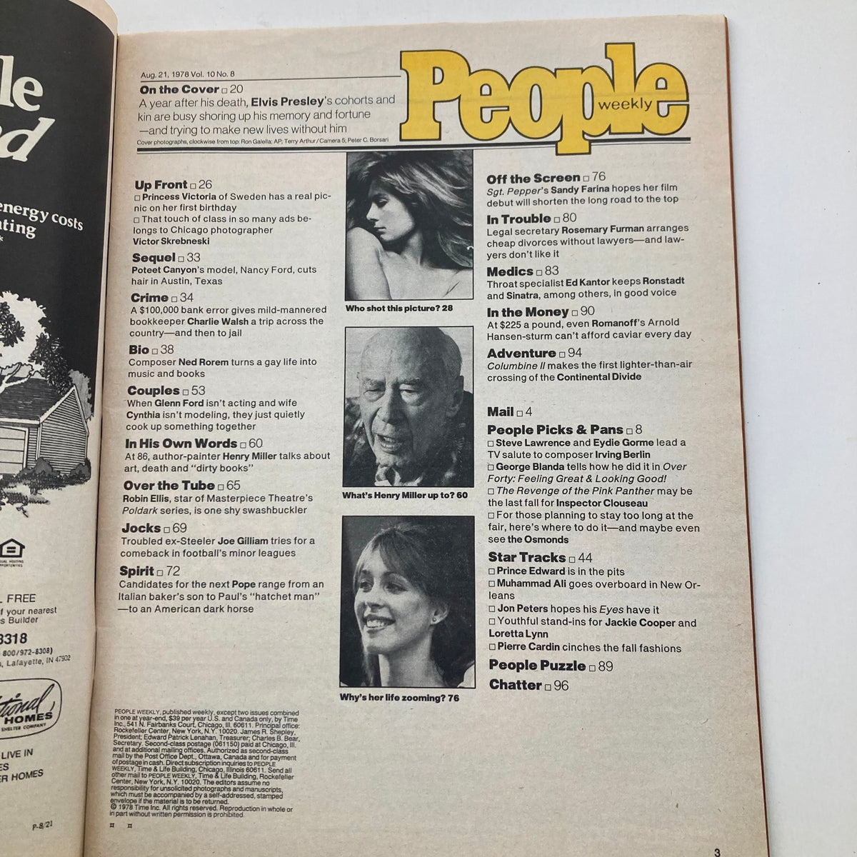 Inside page of People Weekly magazine from August 21, 1978, Volume 10, No. 8, showcasing articles including 'On the Cover' about Elvis Presley, along with various features and topics reflecting the entertainment news of the time.
