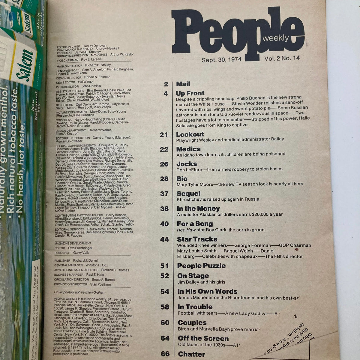 Inside page of People Weekly Magazine from September 30, 1974, displaying the table of contents and articles, showcasing cultural highlights and notable features of the era.