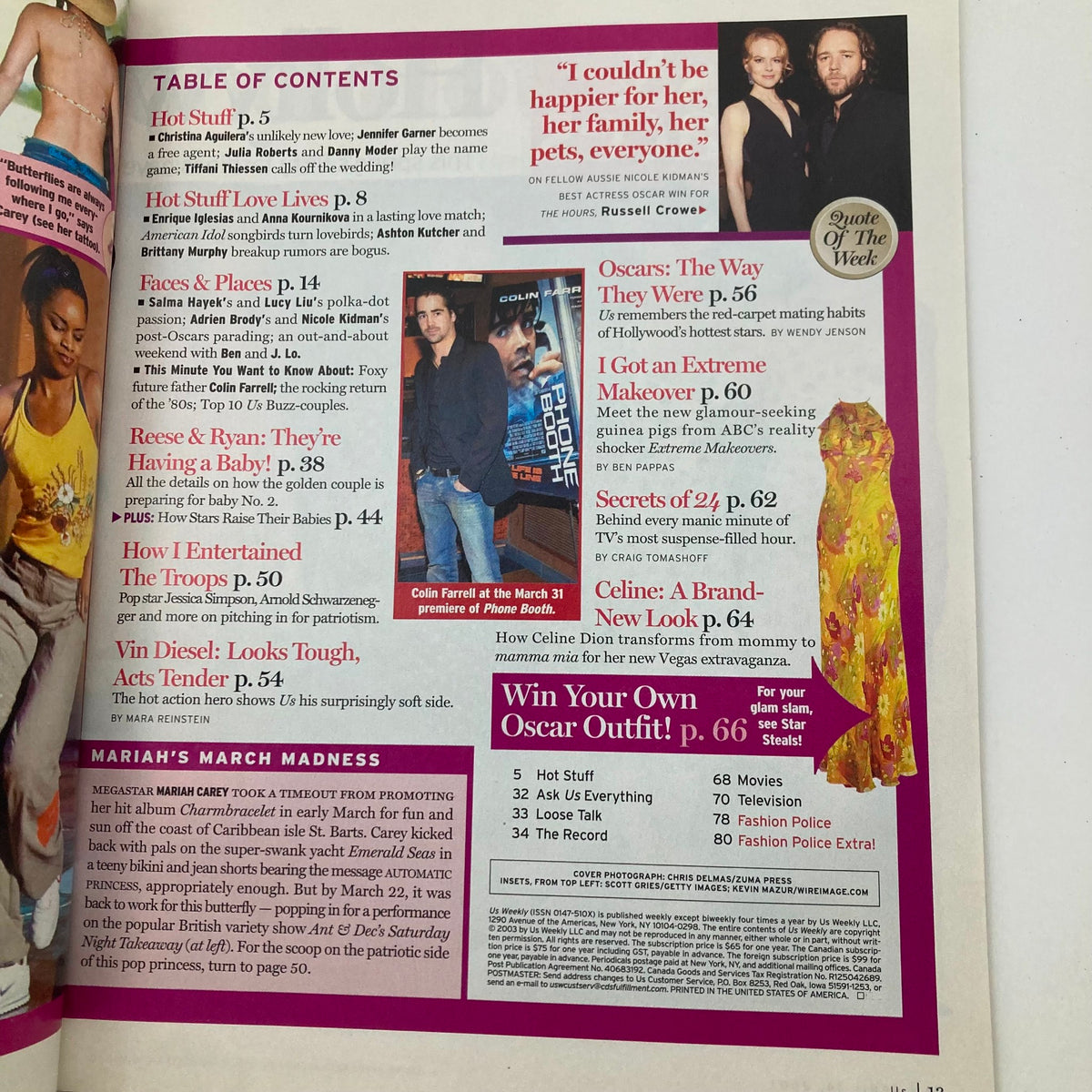 Table of contents from Us Weekly Magazine April 14, 2003, Issue 426 highlighting articles including Reese Witherspoon and Ryan Phillippe.