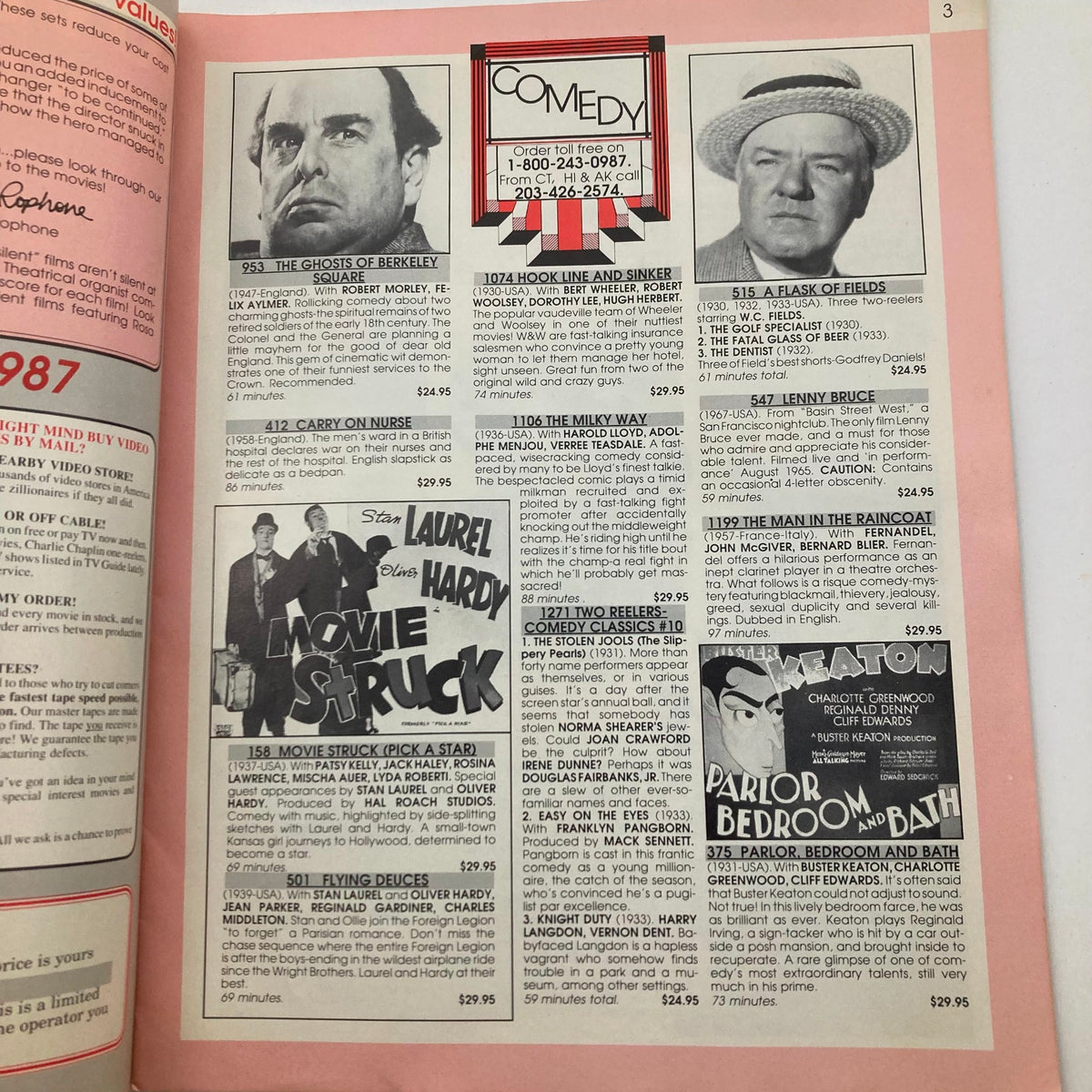 Page from VTG Video Yesteryear Catalog Movie Memories Vol 2, showcasing a section on comedy films including titles featuring Laurel and Hardy. The layout displays various movie listings with their descriptions.