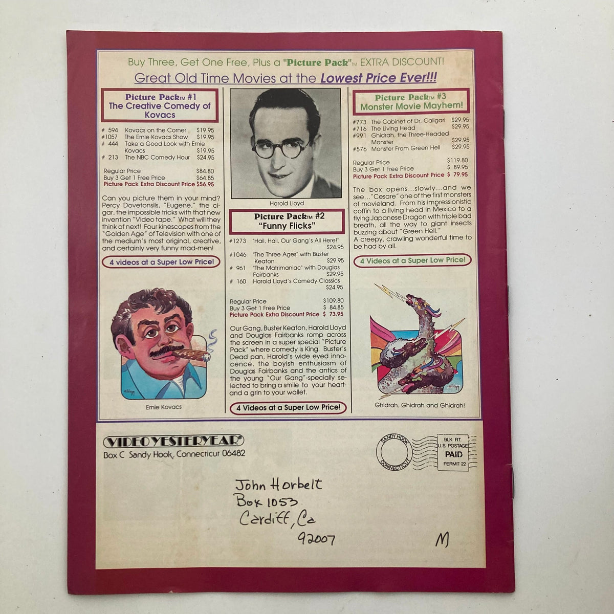 Back page of VTG Video Yesteryear Catalog Movie Memories Vol 2, featuring order details and a promotional message about discounts for purchasing multiple video packs. Includes an address and contact information.