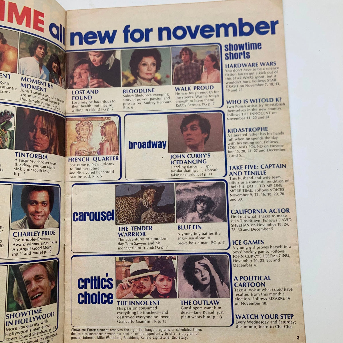 Inside spread of VTG Showtime Magazine November 1980 listing various shows and events including John Curry's 'Icedancing'.