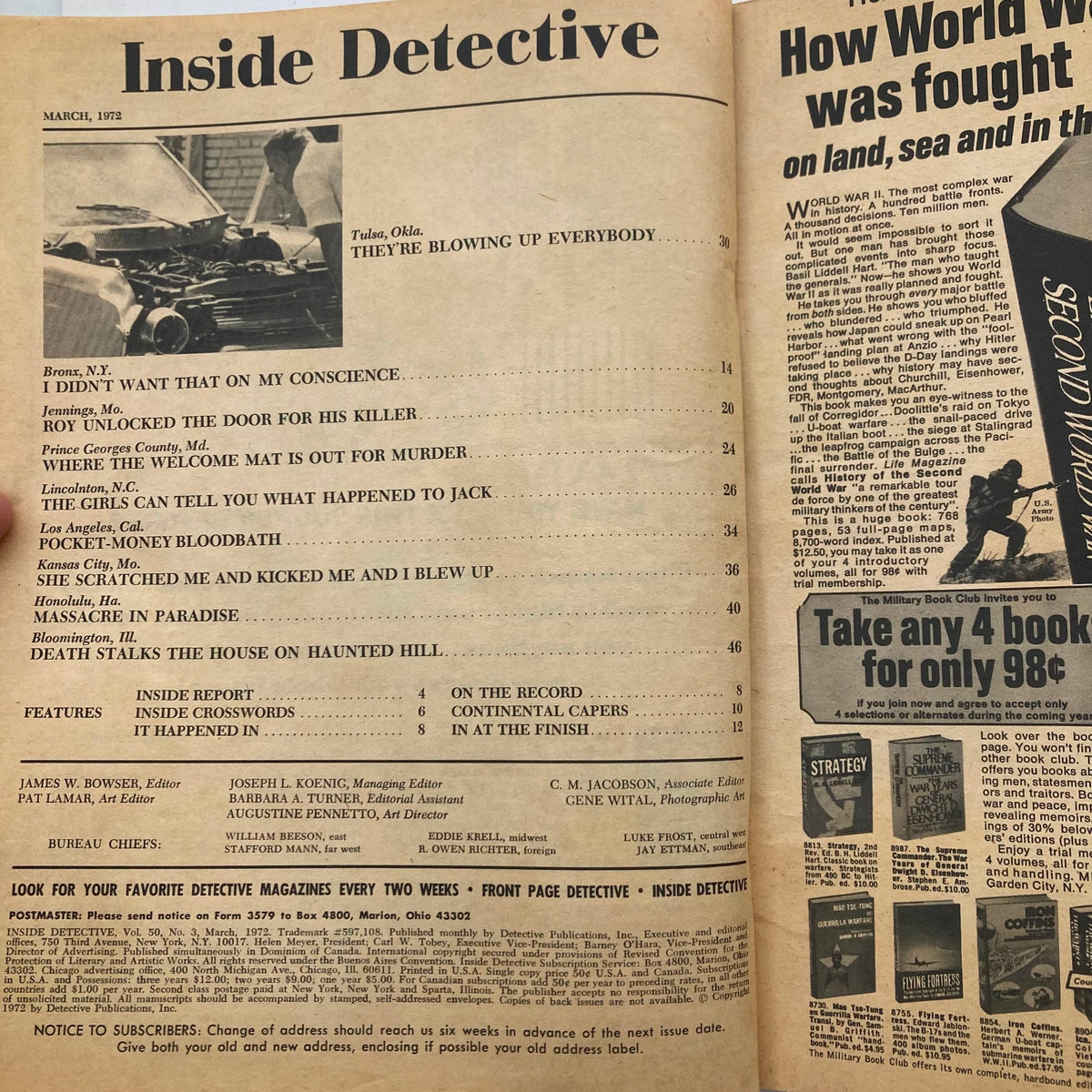 VTG Inside Detective Magazine March 1972 interior page showcasing the table of contents, listing captivating crime stories such as 'She Scratched Me and Kicked Me and I Blew Up' and 'Massacre in Paradise.' This page reflects the vintage magazine's intriguing layout and writing style.