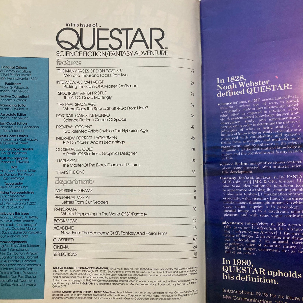 Inside the Questar Science Fiction Magazine from June 1980. Features include articles on space exploration, interviews, and profiles, all centered around the theme 'The Space Shuttle.' This magazine is a collectible piece of science fiction history.