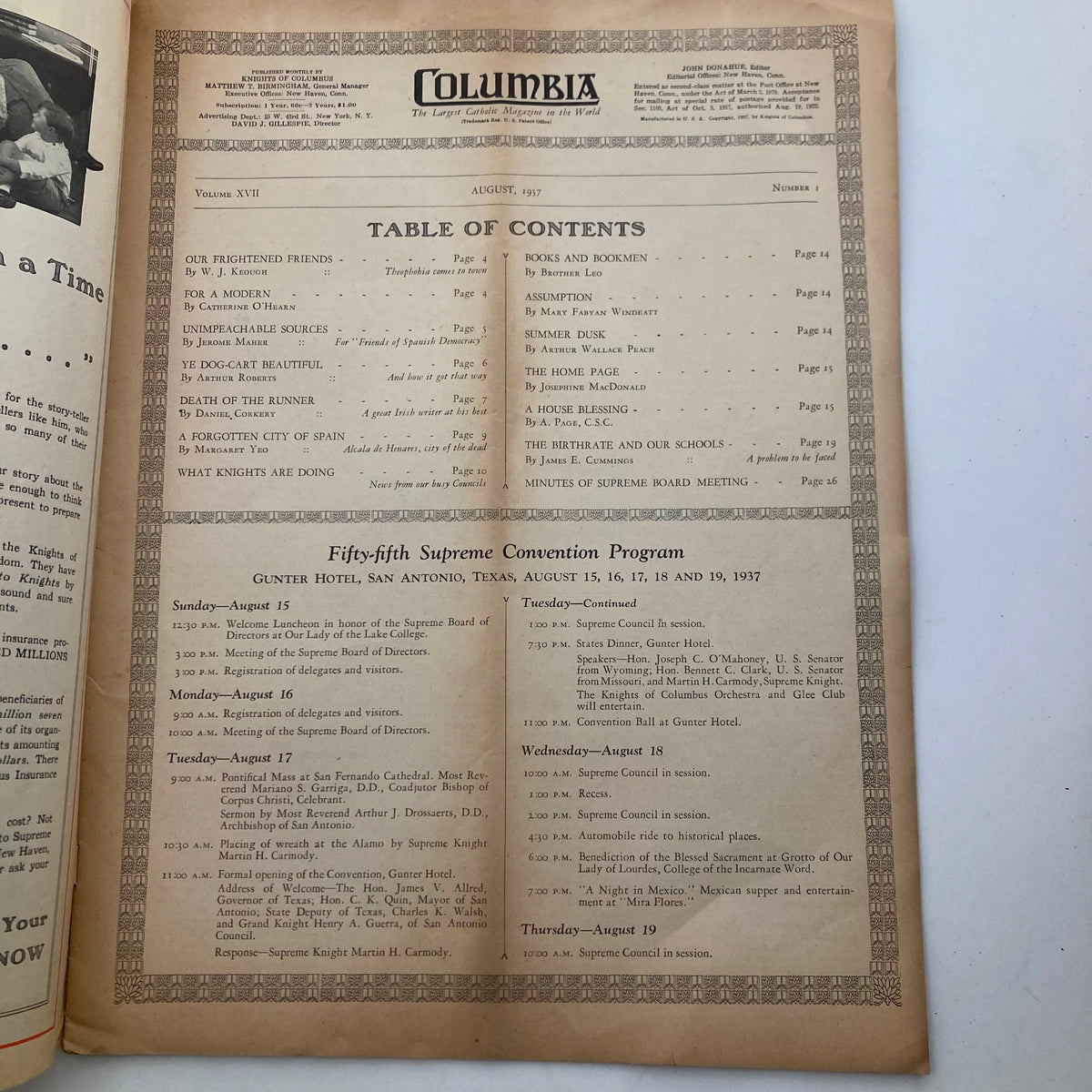 Inside page of VTG Columbia Magazine August 1937 Vol 17 No. 1 displaying the table of contents, including the featured article 'Our Frightened Friends' and the Supreme Convention program.