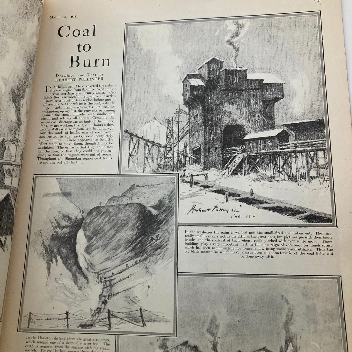 Page from VTG Leslie's Illustrated Weekly Newspaper dated March 23, 1918, showcasing an article titled 'Coal to Burn' with illustrations depicting wartime industry.