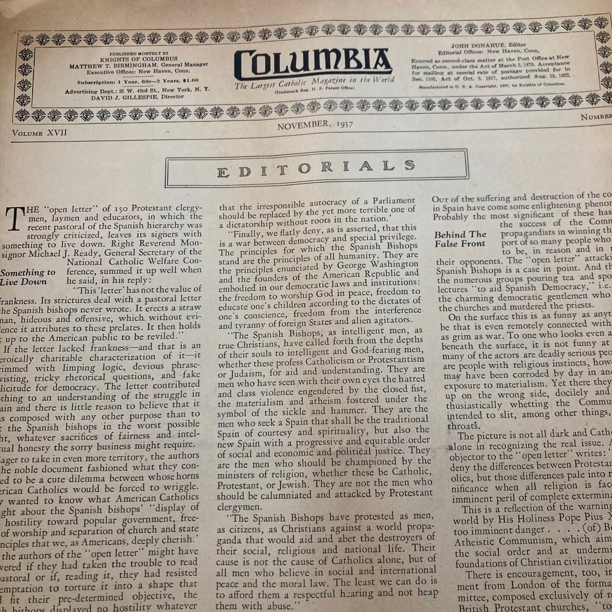 Editorials section of VTG Columbia Magazine November 1937, showcasing discussions on historical events and social issues.