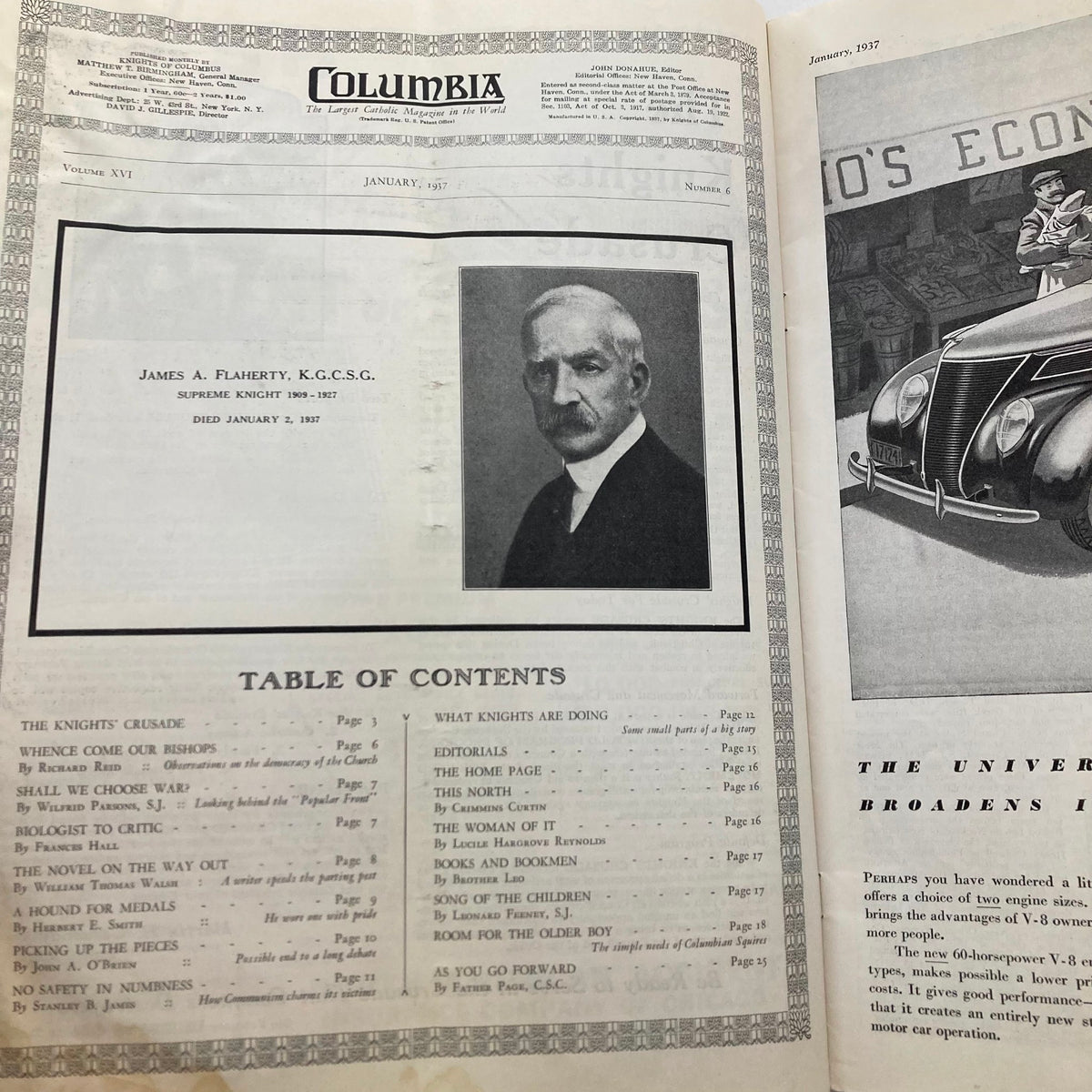 Interior page of VTG Columbia Magazine January 1937 Vol 16 No. 6 featuring a photograph of James A. Flaherty and a table of contents listing articles including "Whence Come Our Bishops."