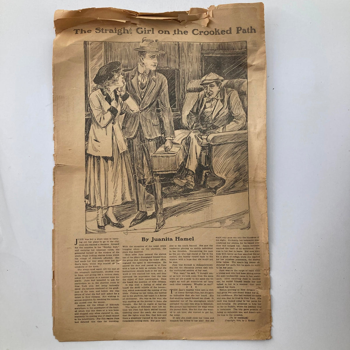 Illustrated content from the vintage The Sunday Fiction Magazine December 10 1916 featuring 'The Straight Girl on the Crooked Path' by Juanita Hamel.