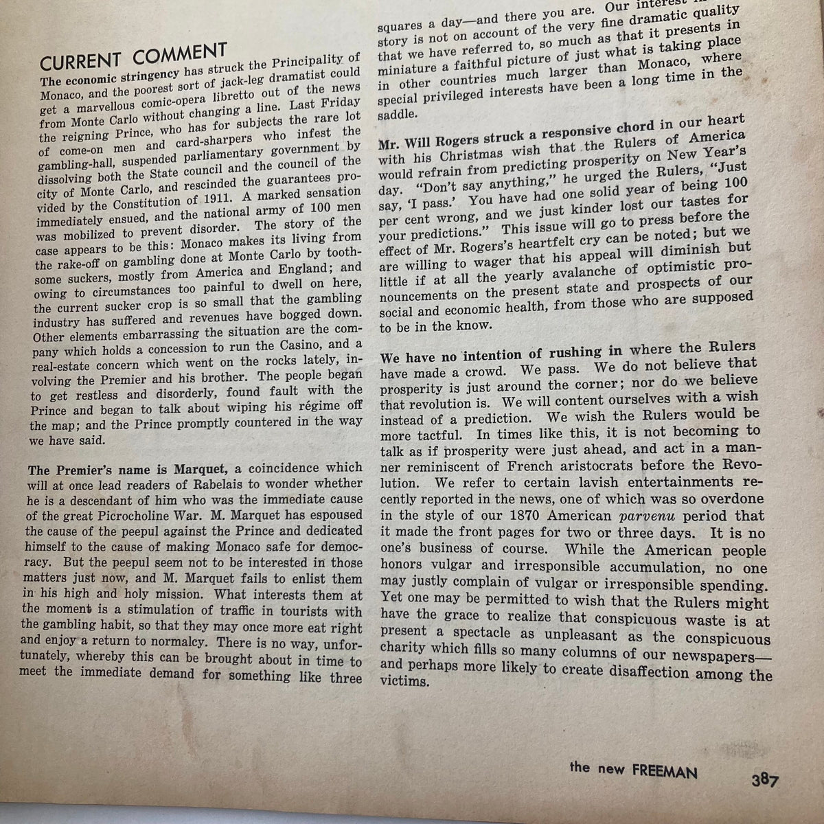 Interior page of VTG The New Freeman Magazine January 7, 1931, containing a column discussing current events, printed text, and features a vintage layout typical of early 20th-century publications.