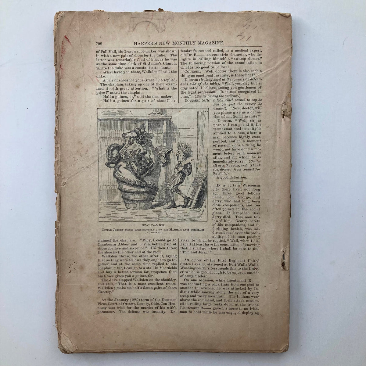 Reverse side of an interior page from VTG Harper's Magazine April 1880 No. 359, displaying text and illustrations of the late 1800s, showcasing the era's artistic style.