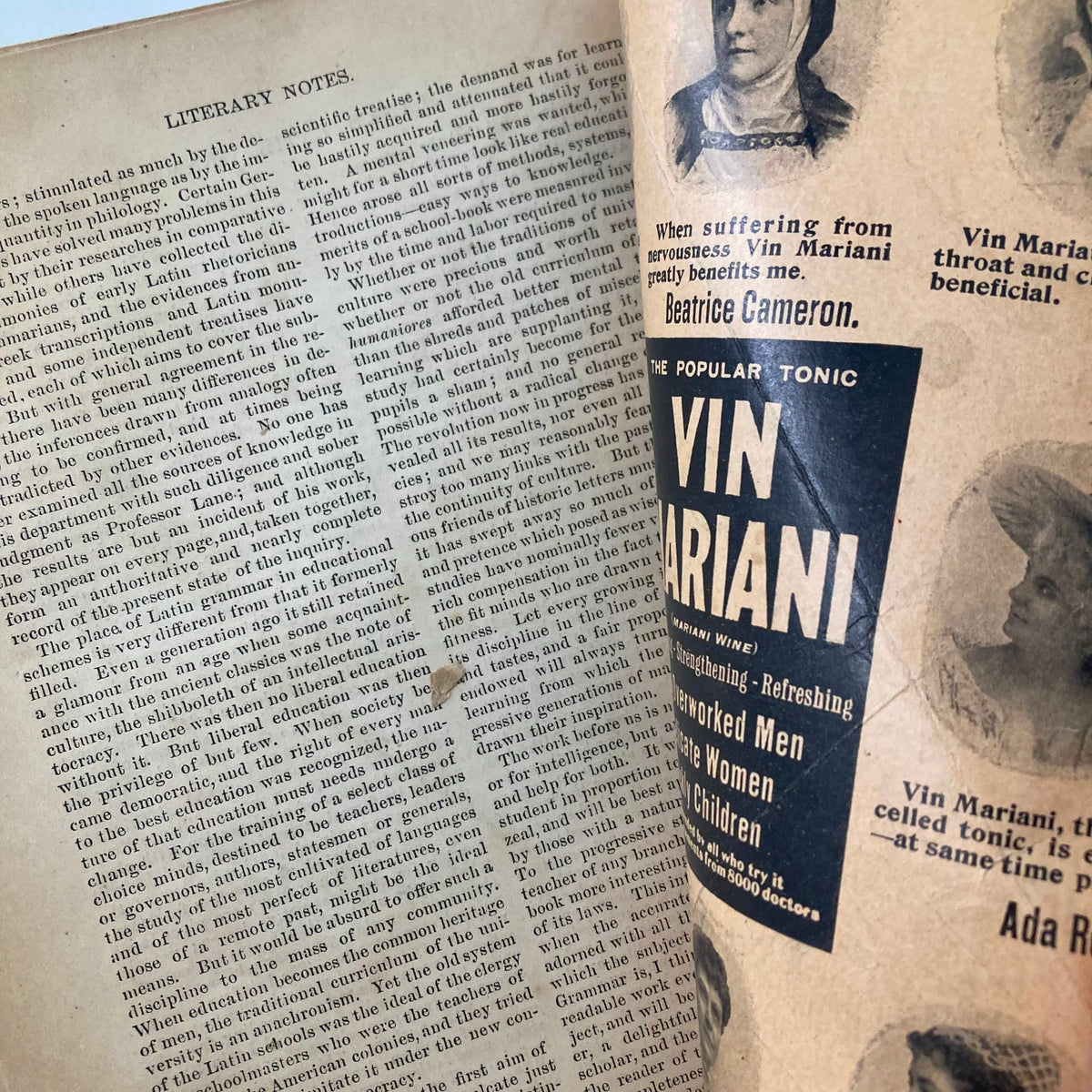 Close-up of text from VTG Harper's Magazine September 1898 No. 580, displaying literary notes and an advertisement for Vin Mariani tonic.