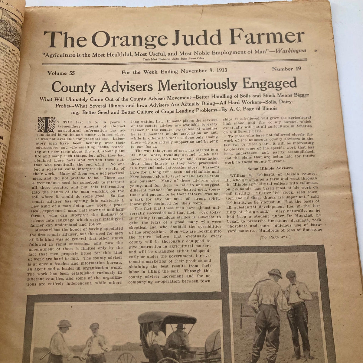 Interior page of VTG Farmer Magazine dated November 8, 1913, discussing agricultural practices and the role of county advisers, reflecting historical farming insights.