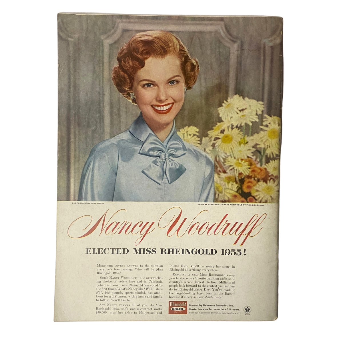 Back cover of Gourmet Magazine January 1955 Vol 15 No. 1, displaying an advertisement for Nancy Woodruff, Elected Miss Rheingold 1955, featuring her smiling portrait.