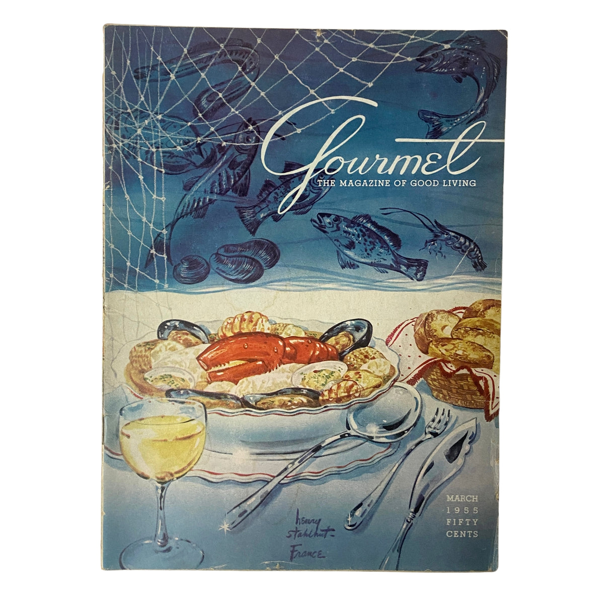 Cover of Gourmet Magazine, March 1955, Vol. 15 No. 3, featuring a colorful illustration of seafood on a plate with a glass of wine, designed by Henry J. Stahlhut. The cover represents mid-century culinary culture.
