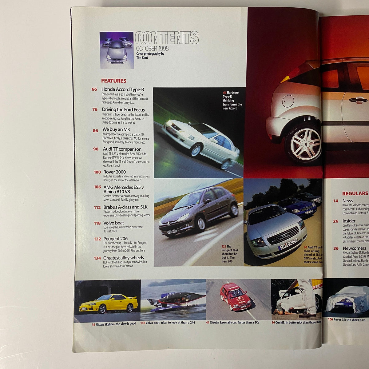 Table of contents from Car Magazine UK October 1998 listing features on Honda Accord Type-R, Ford Focus, Audi TT comparison, and Peugeot 206, highlighting important automotive articles from that issue.