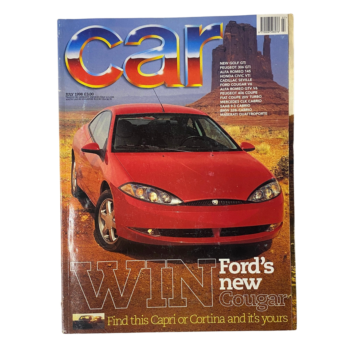 Cover of Car Magazine UK July 1998 featuring Ford Cougar, highlight on the new Cougar with a red car in a scenic desert background.