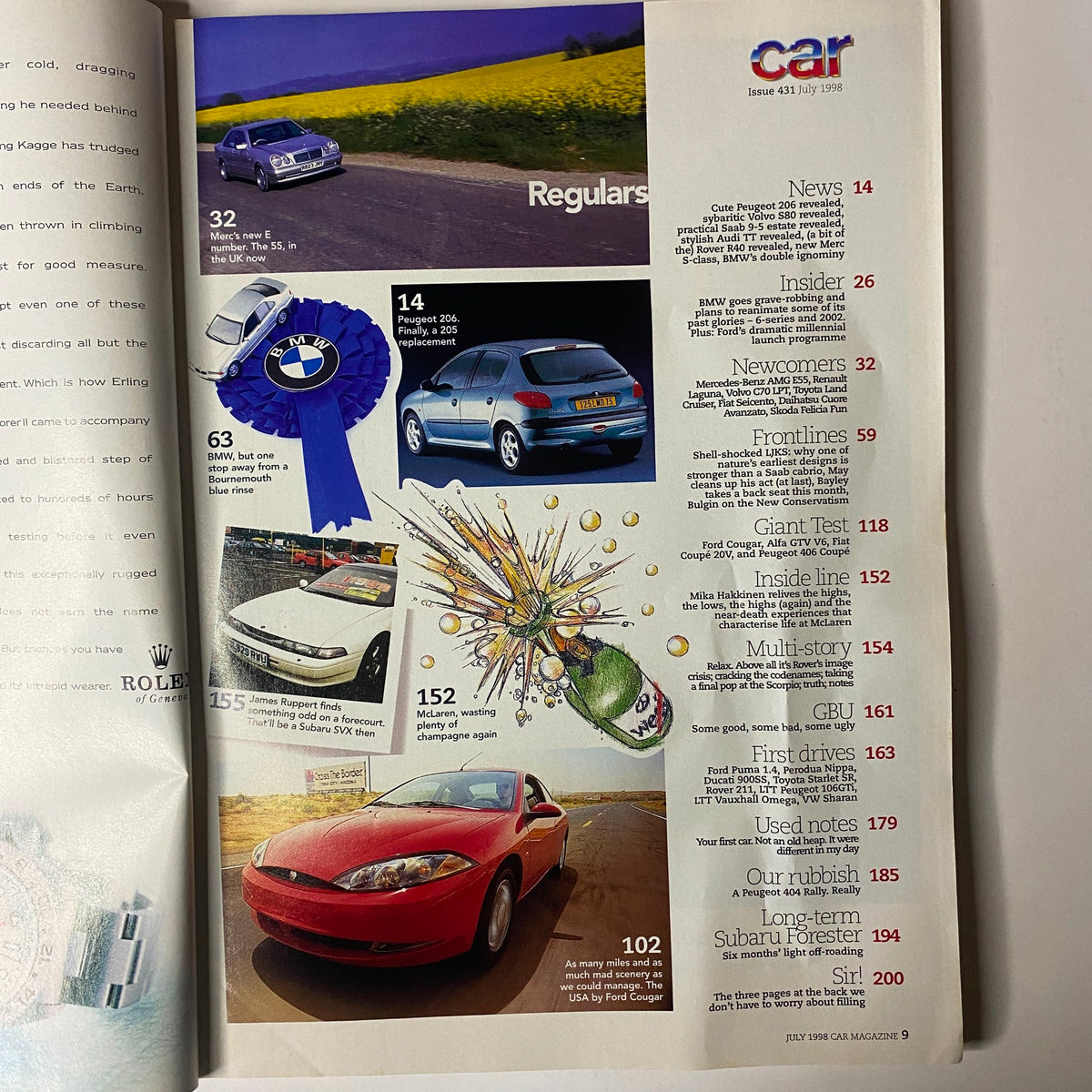 Interior page of Car Magazine UK July 1998 showcasing the table of contents and various featured cars including Ford Cougar, Golf GTi, Peugeot 306 GTi, and others.