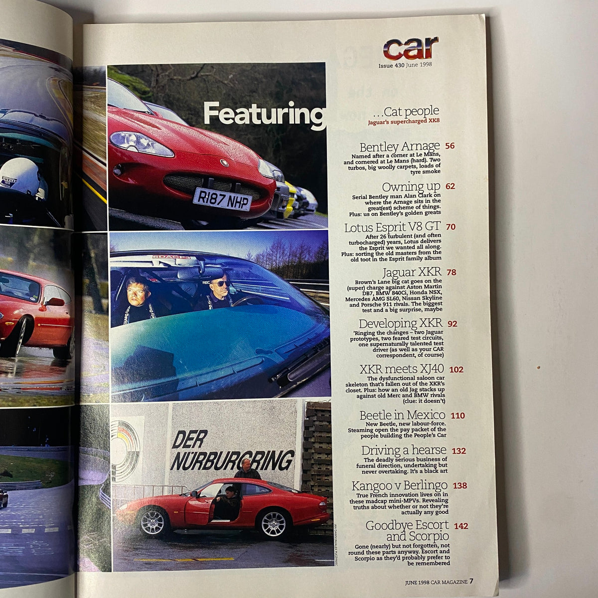 Car Magazine UK Import June 1998 featuring Jaguar's New Supercharged XK8 XKR, showcasing various cars including Bentley Arnage, Lotus Esprit V8 GT, and Jaguar XKR on the cover page.