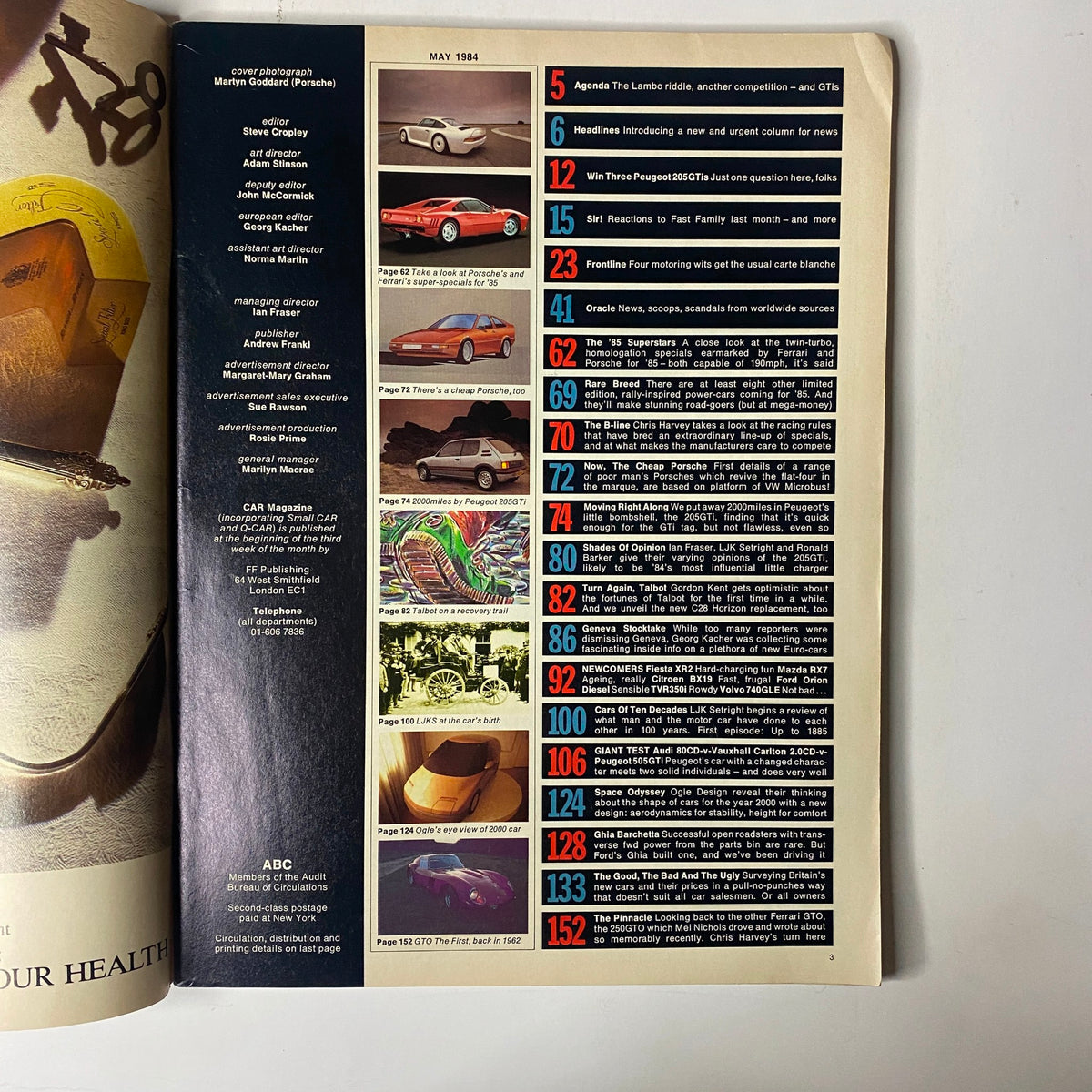 Table of Contents from Car Magazine UK May 1984 outlining feature articles including the twin-turbo homologation specials from Ferrari and Porsche, and other notable car reviews and news.