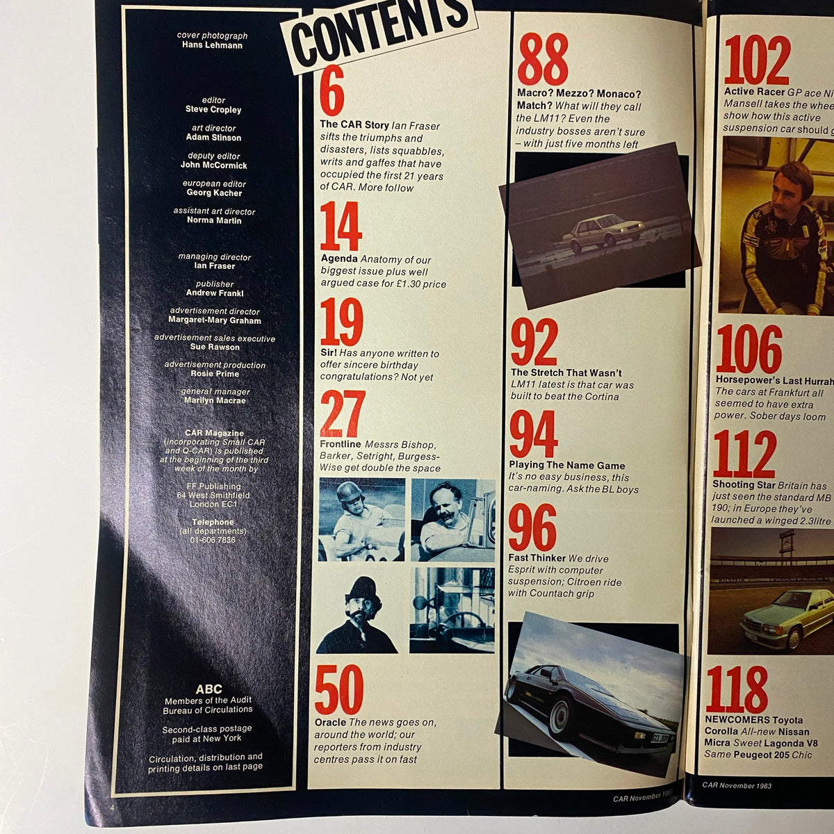 Table of contents from Car Magazine UK November 1983, detailing articles and features including 'The CAR Story' and profiles of upcoming car models.