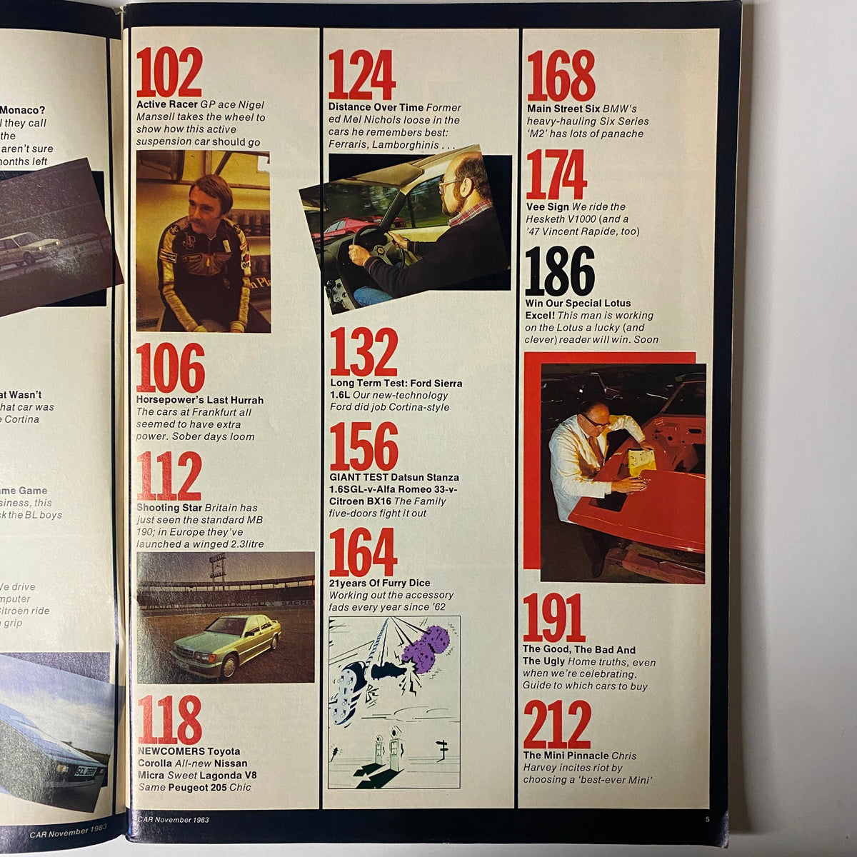 Second page of table of contents from Car Magazine UK November 1983, highlighting various articles and features such as 'Active Racer' and 'Long Term Test: Ford Sierra 1.6L'.