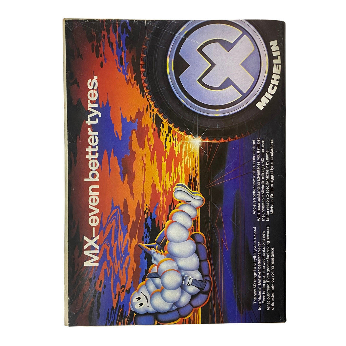 Back cover of Car Magazine UK November 1983 featuring an advertisement for Michelin tyres with a cartoon character branding.