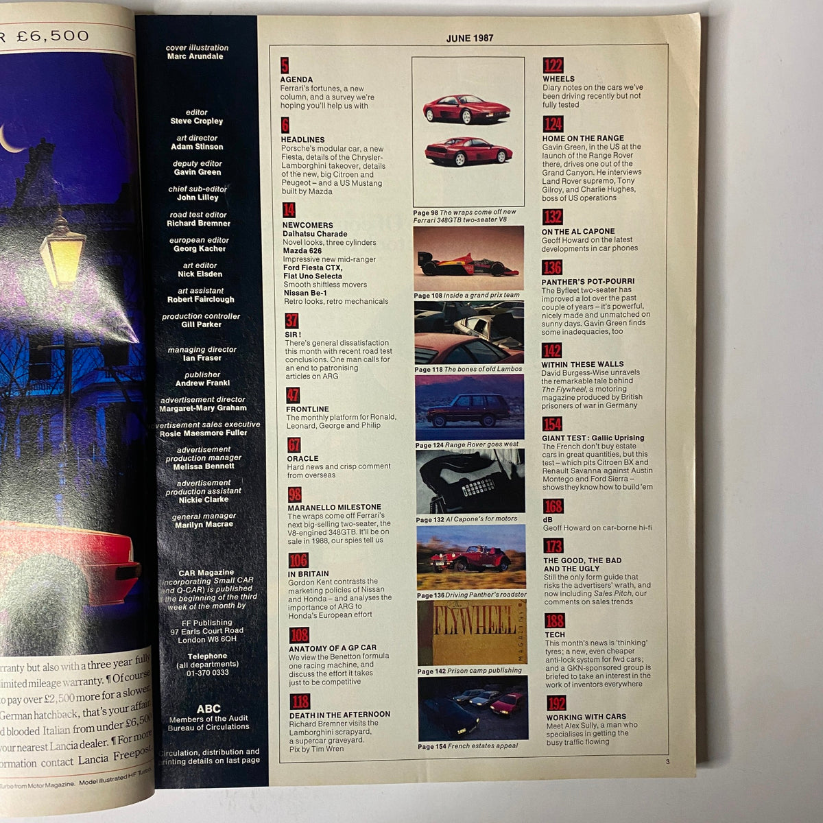 Table of contents from Car Magazine UK Import June 1987, highlighting features including the Ferrari 348GTB Two-Seater V8.