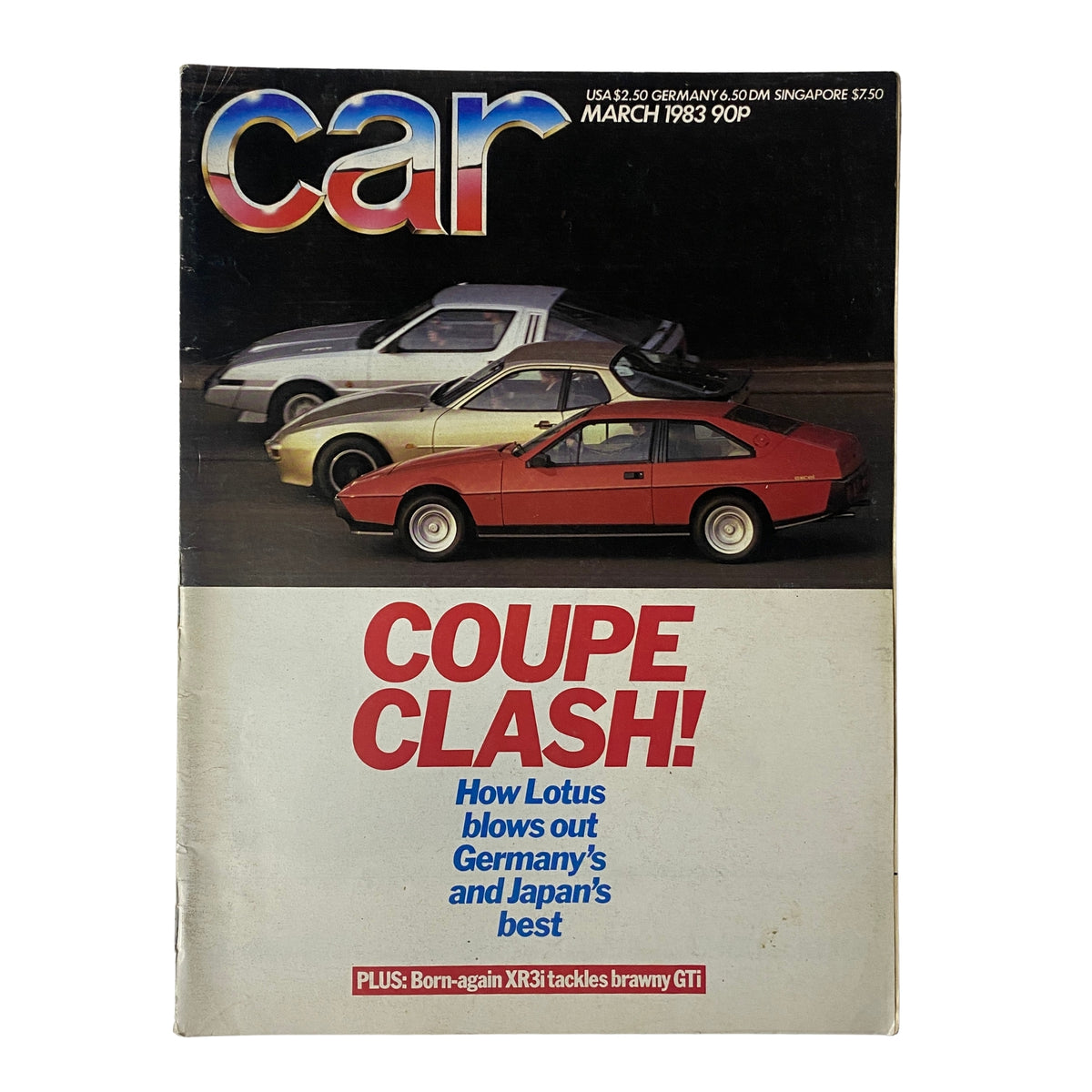 Car Magazine UK March 1983 cover featuring the title 'COUPE CLASH!' highlighting a comparison between Lotus, Porsche, and Colt coupés.