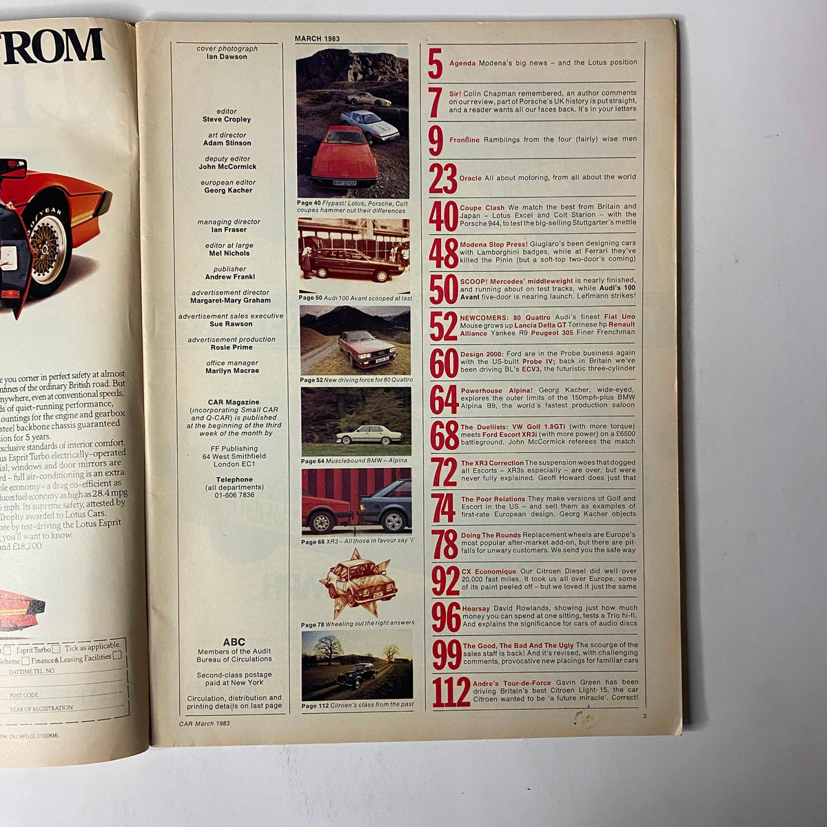 Inside page of Car Magazine UK March 1983 displaying the table of contents, featuring articles and insights on a three-way coupé comparison and other automotive topics.
