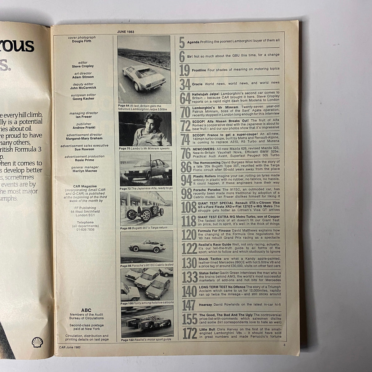 Table of contents from Car Magazine June 1983 detailing articles including Lamborghini Jalpa, industry profiles, and motorsport insights.