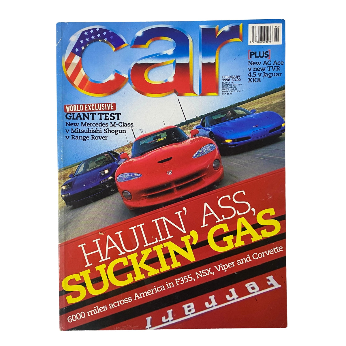 Car Magazine UK February 1998 cover featuring Mercedes M-Class, Mitsubishi Shogun, and Range Rover with vibrant colors and the title 'Car'.