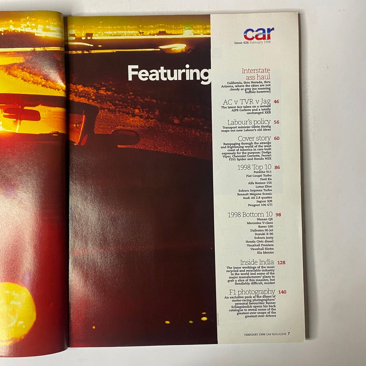 Inside page of Car Magazine UK February 1998 showcasing table of contents including major features like 'Interstate ass haul', 'AC v TVR v Jag' and 'Cover story'.