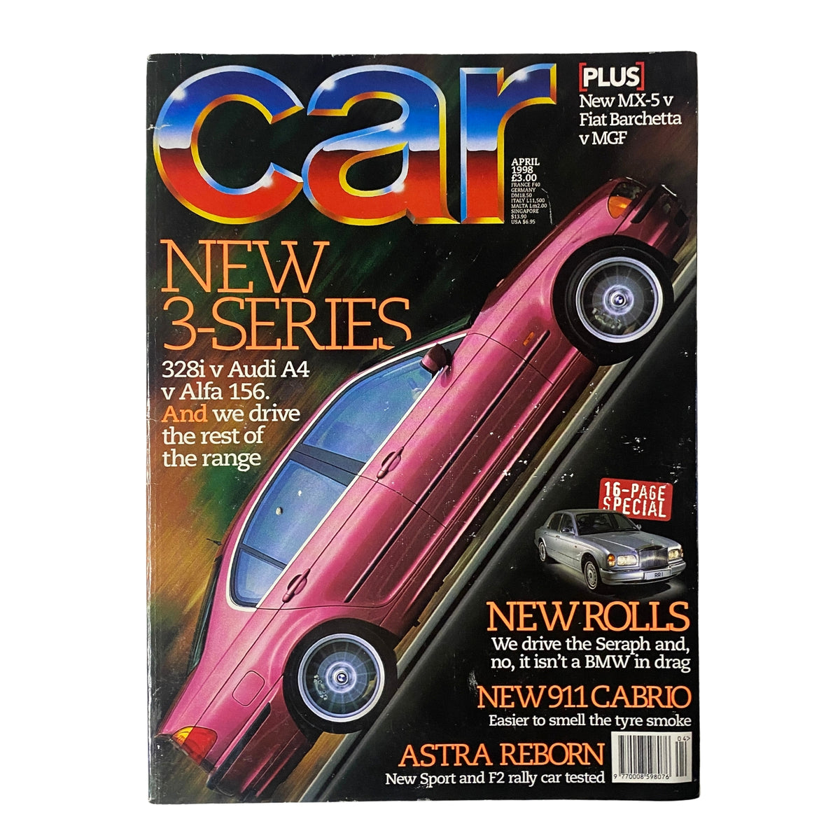 Car Magazine UK Import April 1998 cover featuring a comparison of the BMW 328i, Audi A4, and Alfa 156, with highlights on new car models and reviews.